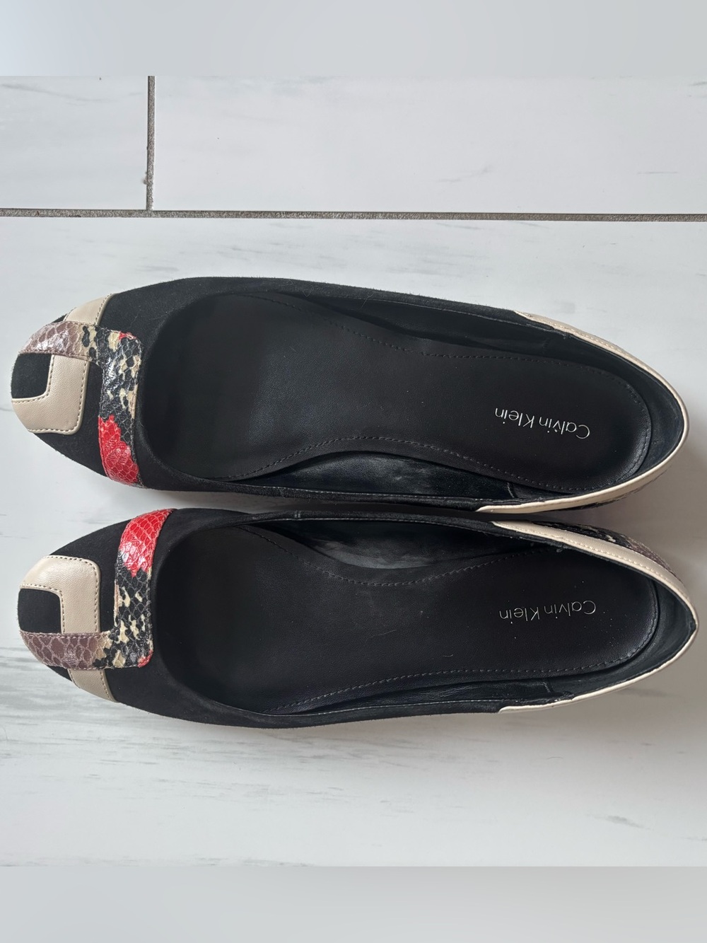 Calvin Klein Black Ballet Flats with Beige and Red Snake-Print Accent